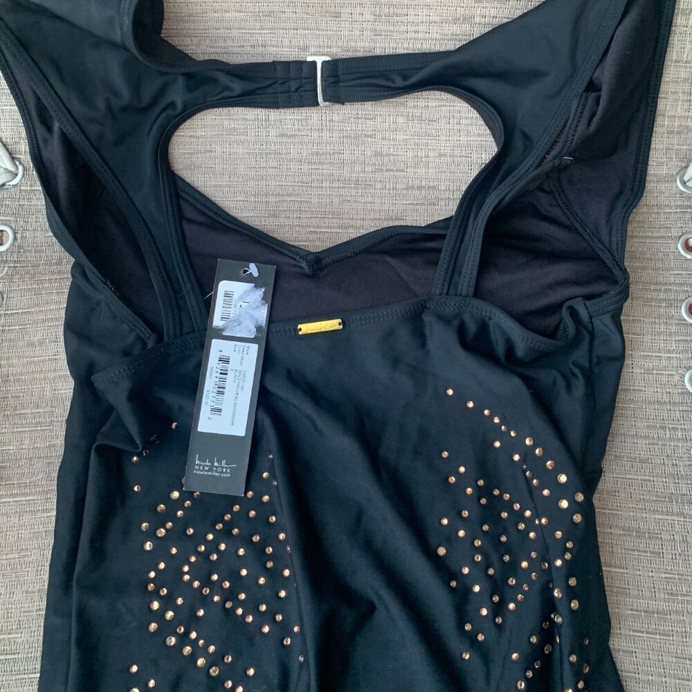 Nicole Miller One Piece Swimsuit Womens 8 Black Gold Nailhead Cap Sleeve - Picture 4 of 10